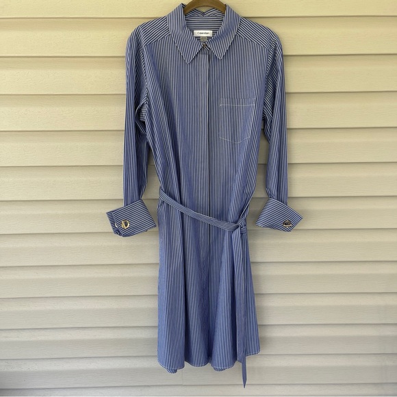 Calvin Klein Blue and White Stripe Button Down Belted Long Sleeve Dress Size 10 - Picture 2 of 15